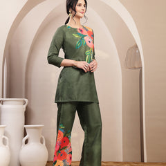 Stylum Women's Olive Hand Painted Cotton Flex Straight Co-Ord Set (CSOLIVESAMAR)