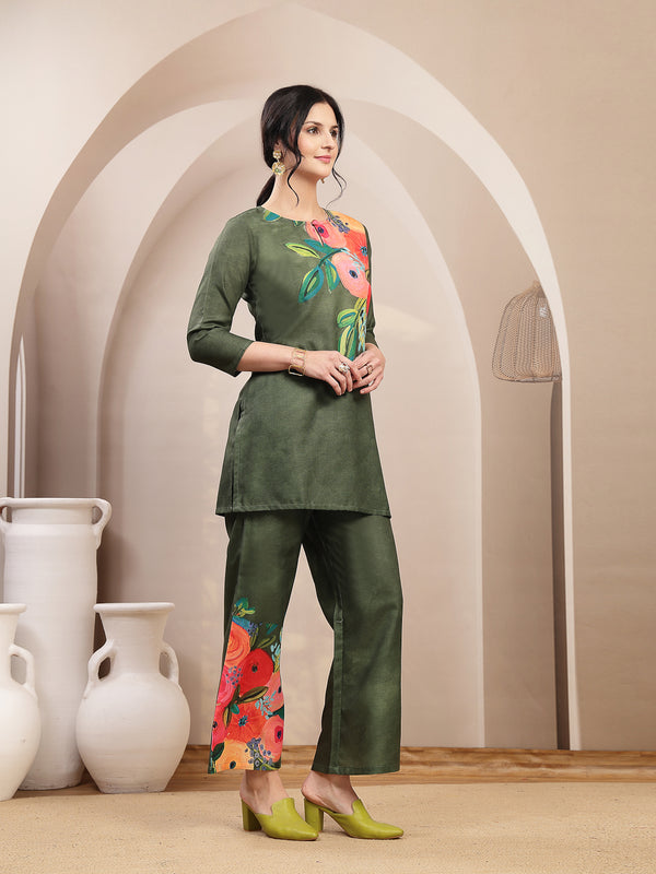 Stylum Women's Olive Hand Painted Cotton Flex Straight Co-Ord Set (CSOLIVESAMAR)