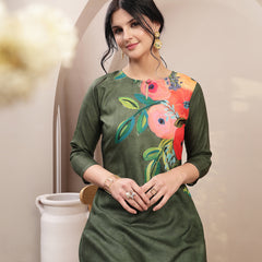 Stylum Women's Olive Hand Painted Cotton Flex Straight Co-Ord Set (CSOLIVESAMAR)