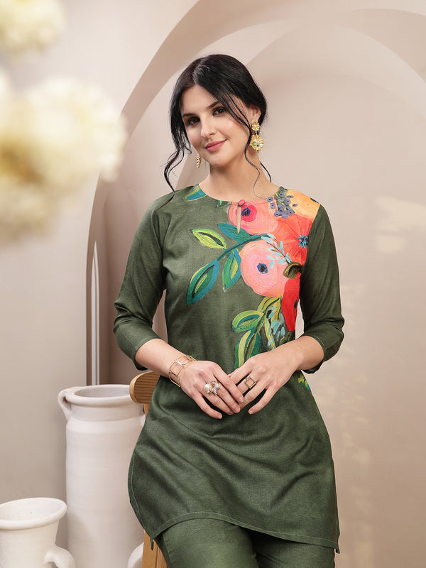 Stylum Women's Olive Hand Painted Cotton Flex Straight Co-Ord Set (CSOLIVESAMAR)