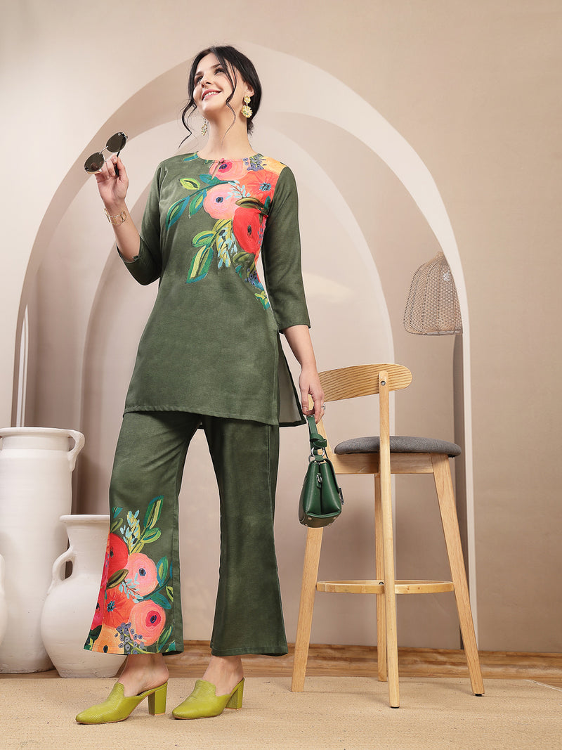 Stylum Women's Olive Hand Painted Cotton Flex Straight Co-Ord Set (CSOLIVESAMAR)