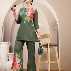 Stylum Women's Olive Hand Painted Cotton Flex Straight Co-Ord Set (CSOLIVESAMAR)