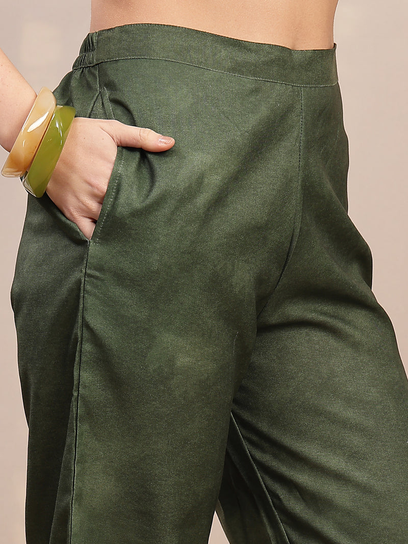 Stylum Women's Olive Hand Painted Cotton Flex Straight Co-Ord Set (CSOLIVESAMAR)