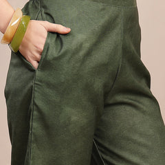 Stylum Women's Olive Hand Painted Cotton Flex Straight Co-Ord Set (CSOLIVESAMAR)
