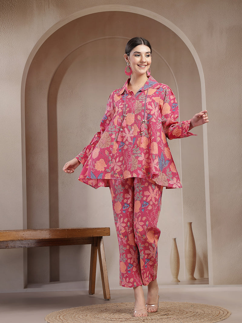 Stylum Women's Pink Floral Printed Cotton Co-Ord Set (CSPINKBEACH)