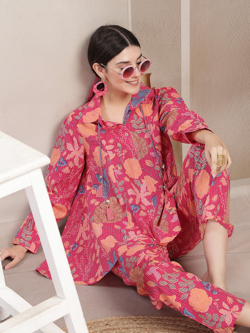 Stylum Women's Pink Floral Printed Cotton Co-Ord Set (CSPINKBEACH)