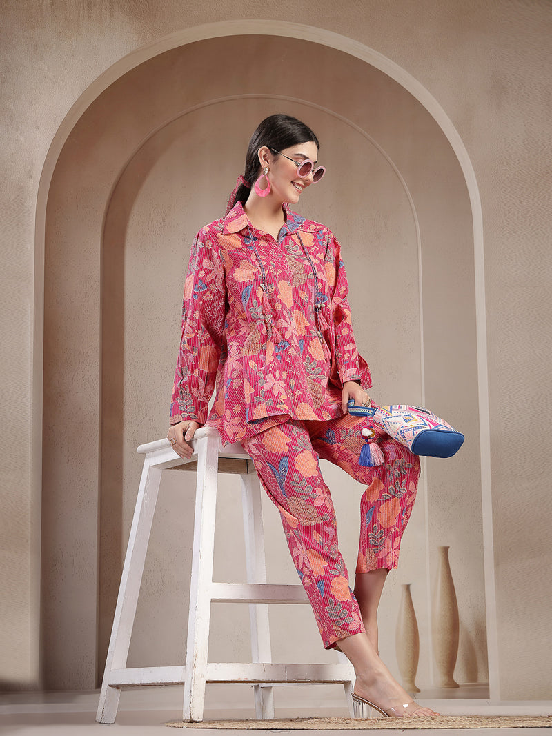 Stylum Women's Pink Floral Printed Cotton Co-Ord Set (CSPINKBEACH)