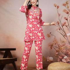 Stylum Women's Printed & Embroidered Cotton Co-Ord Set (CSPINKCASIO)