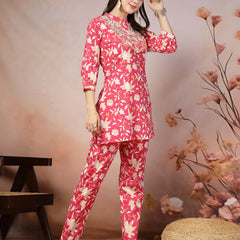Stylum Women's Printed & Embroidered Cotton Co-Ord Set (CSPINKCASIO)