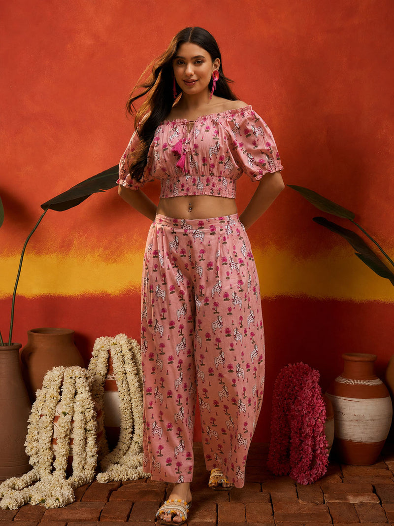 Stylum Women's Pink Animal Printed Cotton Co-Ord Set (CSPINKKALAM)