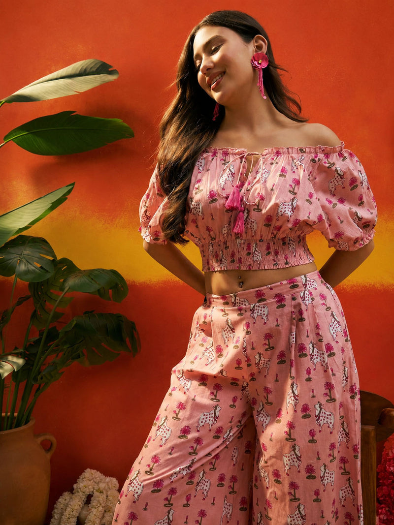 Stylum Women's Pink Animal Printed Cotton Co-Ord Set (CSPINKKALAM)