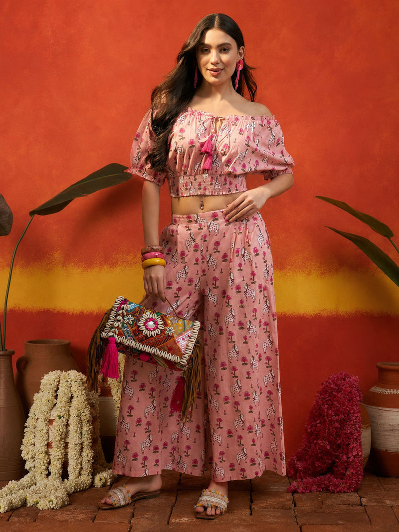 Stylum Women's Pink Animal Printed Cotton Co-Ord Set (CSPINKKALAM)