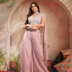 Stylum Women's Pink Solid & Embroidered Poly Georgette Co-Ord Set (CSPINKNISHA)