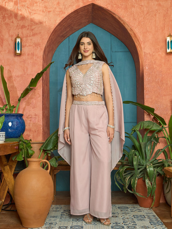 Stylum Women's Pink Solid & Embroidered Poly Georgette Co-Ord Set (CSPINKNISHA)