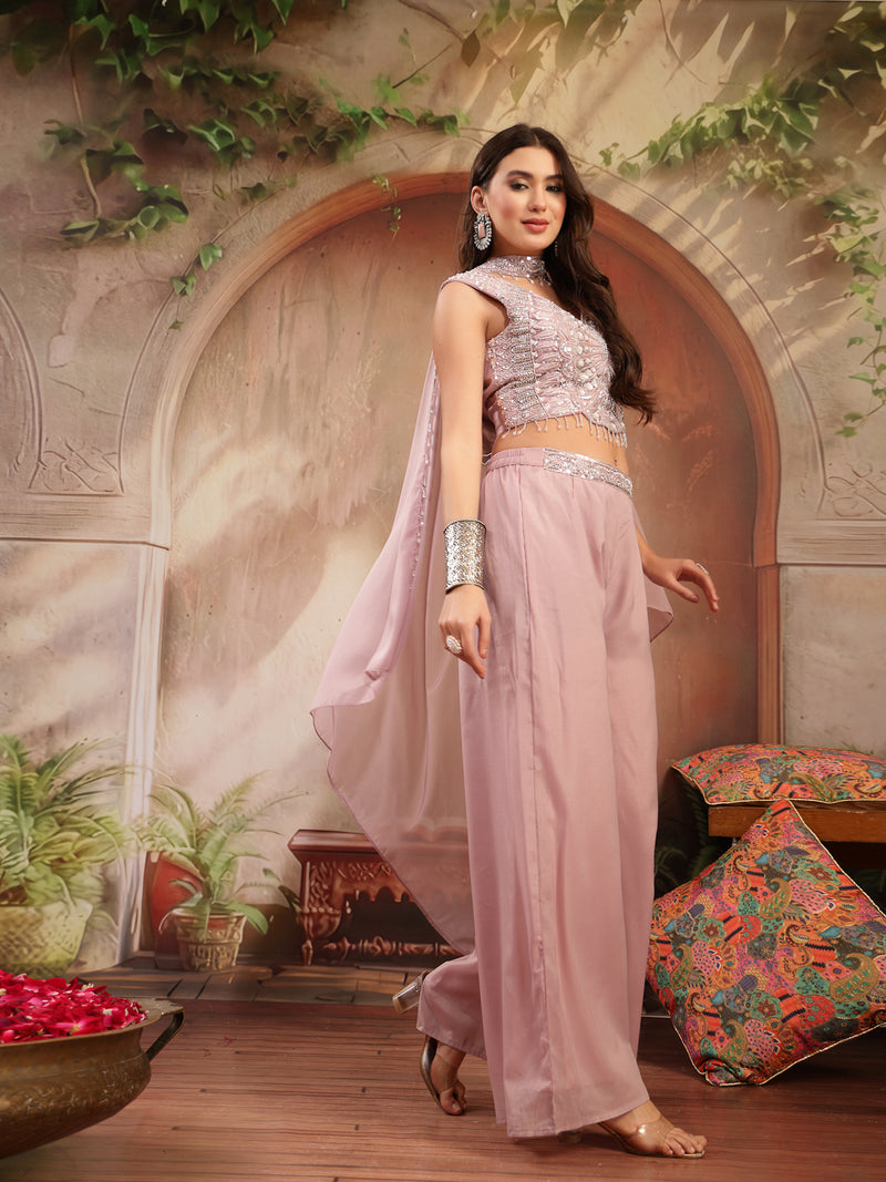 Stylum Women's Pink Solid & Embroidered Poly Georgette Co-Ord Set (CSPINKNISHA)