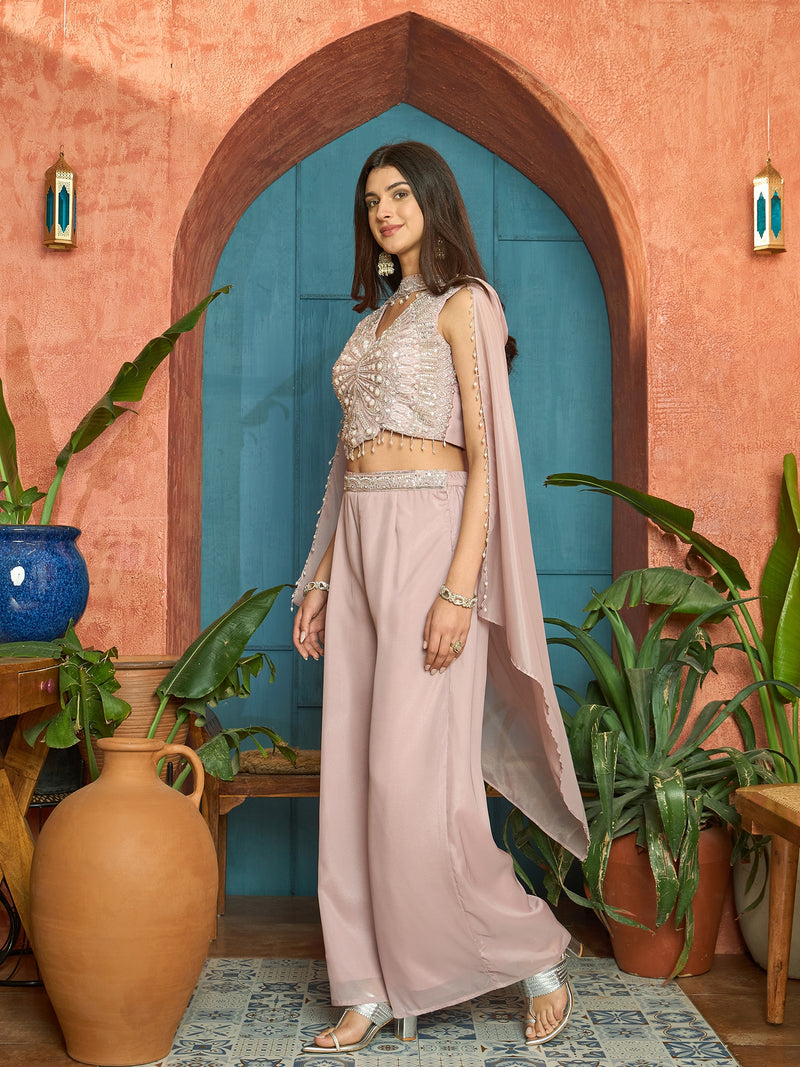 Stylum Women's Pink Solid & Embroidered Poly Georgette Co-Ord Set (CSPINKNISHA)