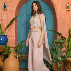 Stylum Women's Pink Solid & Embroidered Poly Georgette Co-Ord Set (CSPINKNISHA)