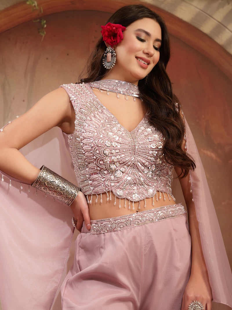 Stylum Women's Pink Solid & Embroidered Poly Georgette Co-Ord Set (CSPINKNISHA)