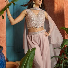 Stylum Women's Pink Solid & Embroidered Poly Georgette Co-Ord Set (CSPINKNISHA)