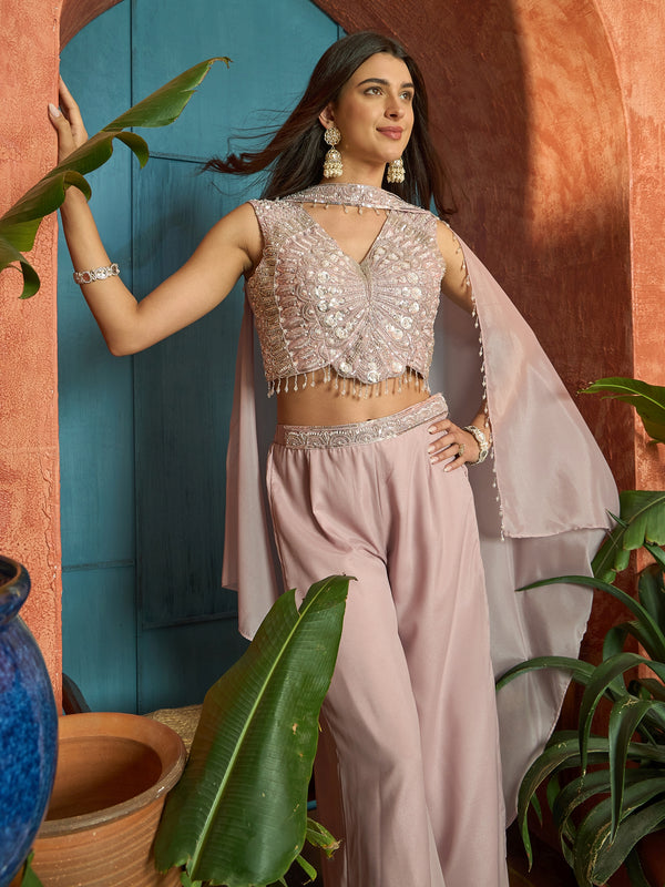 Stylum Women's Pink Solid & Embroidered Poly Georgette Co-Ord Set (CSPINKNISHA)