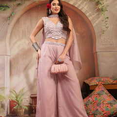 Stylum Women's Pink Solid & Embroidered Poly Georgette Co-Ord Set (CSPINKNISHA)