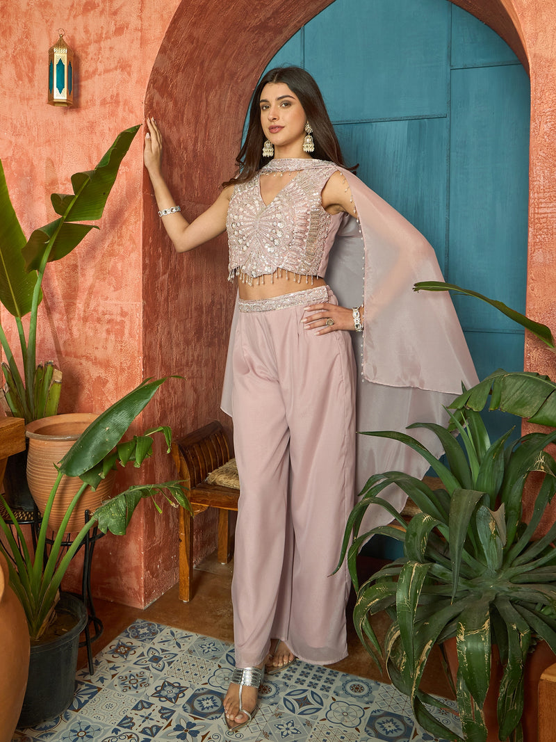 Stylum Women's Pink Solid & Embroidered Poly Georgette Co-Ord Set (CSPINKNISHA)