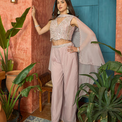 Stylum Women's Pink Solid & Embroidered Poly Georgette Co-Ord Set (CSPINKNISHA)
