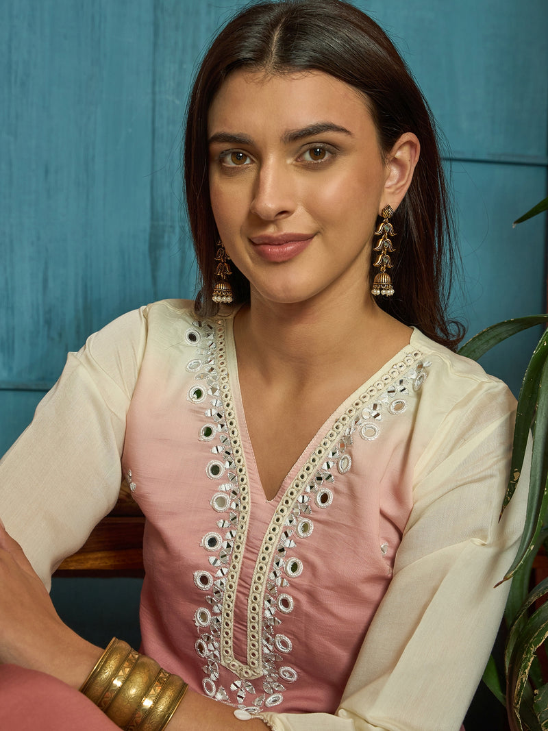 Stylum Women's Pink Solid & Mirror Work Silk Blend Co-Ords Set (CSPINKPAZER)