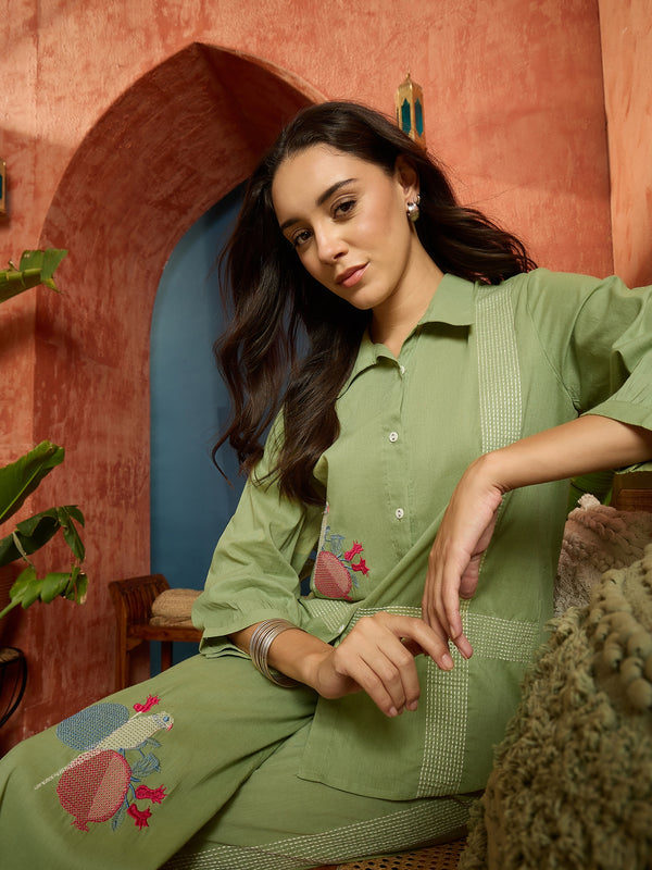 Stylum Women's Pista Green Solid & Embroidered Cotton Slub Co-Ord Set (CSPISTAVICTOR)