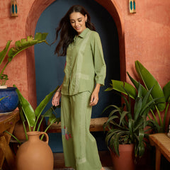 Stylum Women's Pista Green Solid & Embroidered Cotton Slub Co-Ord Set (CSPISTAVICTOR)