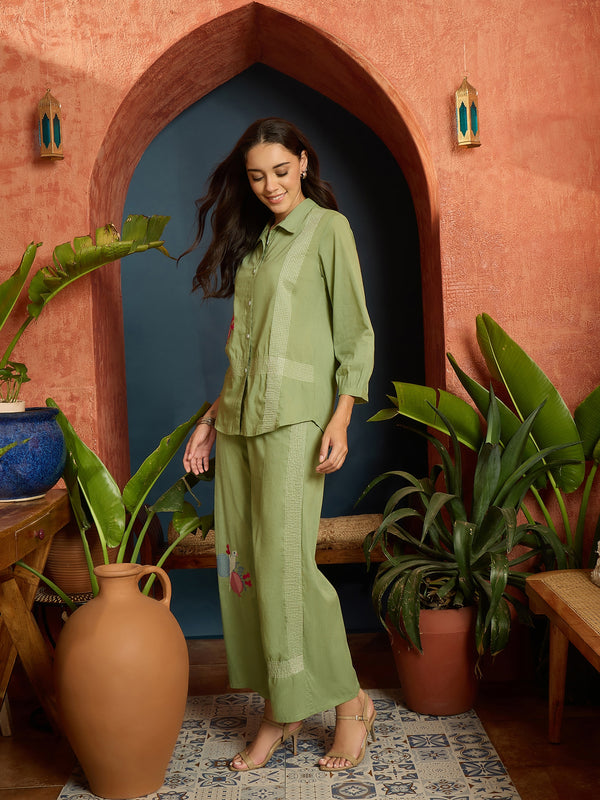 Stylum Women's Pista Green Solid & Embroidered Cotton Slub Co-Ord Set (CSPISTAVICTOR)
