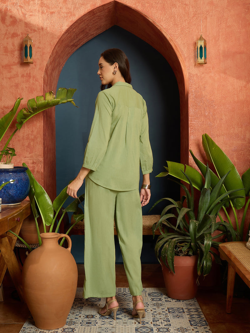 Stylum Women's Pista Green Solid & Embroidered Cotton Slub Co-Ord Set (CSPISTAVICTOR)