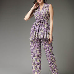 Stylum Women's Printed Rayon Co-Ord set (CSPURPLECHERRY)