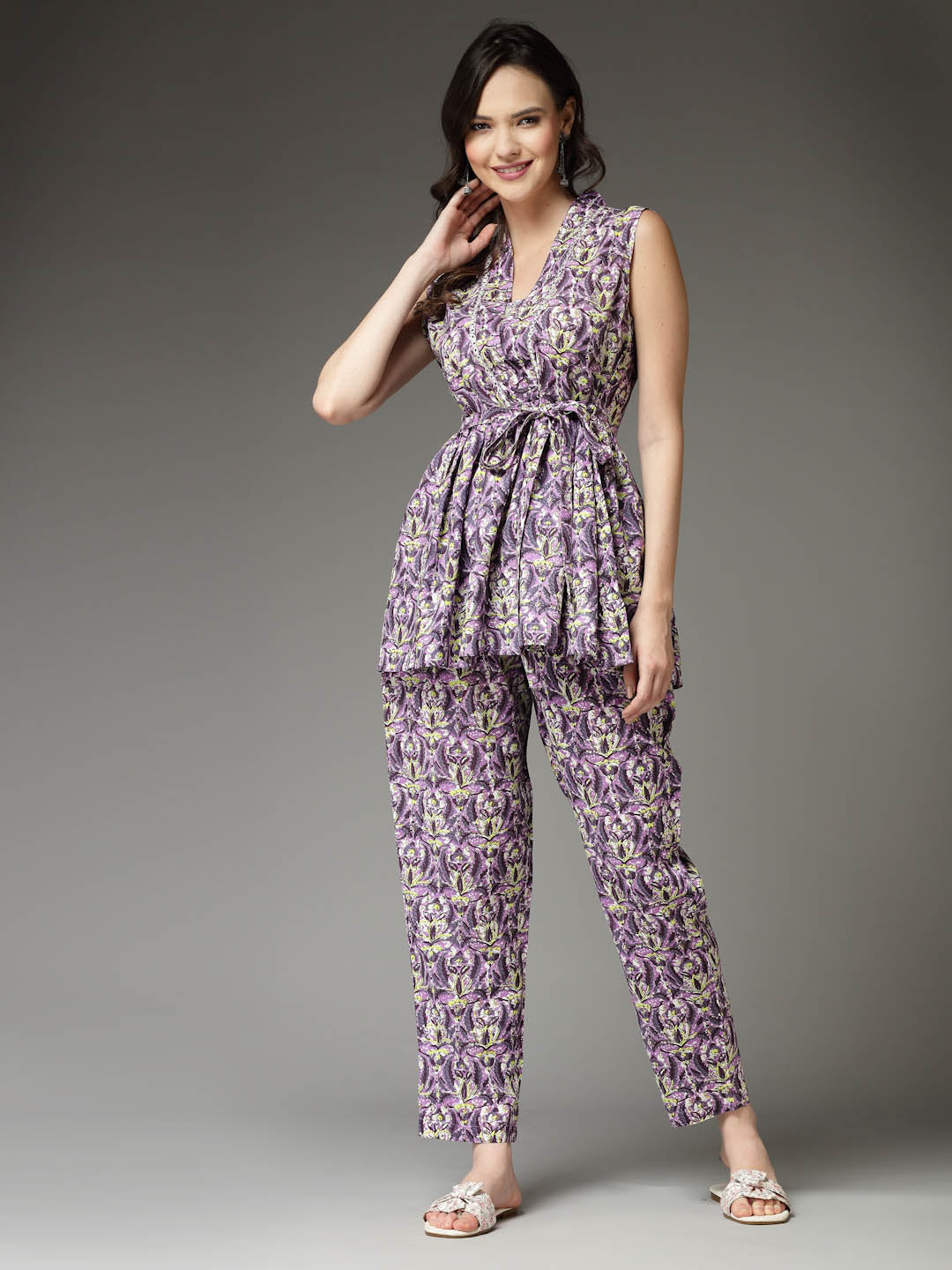 Stylum Women's Printed Rayon Co-Ord set (CSPURPLECHERRY)