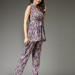 Stylum Women's Printed Rayon Co-Ord set (CSPURPLECHERRY)
