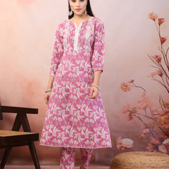 Stylum Women's Purple Floral Printed & Embroidered Katha Cotton Kurta Pant Set (CSPURPLENOISE)