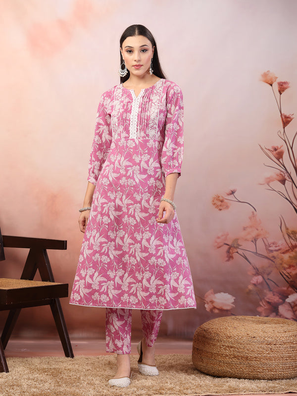 Stylum Women's Purple Floral Printed & Embroidered Katha Cotton Kurta Pant Set (CSPURPLENOISE)