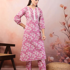 Stylum Women's Purple Floral Printed & Embroidered Katha Cotton Kurta Pant Set (CSPURPLENOISE)