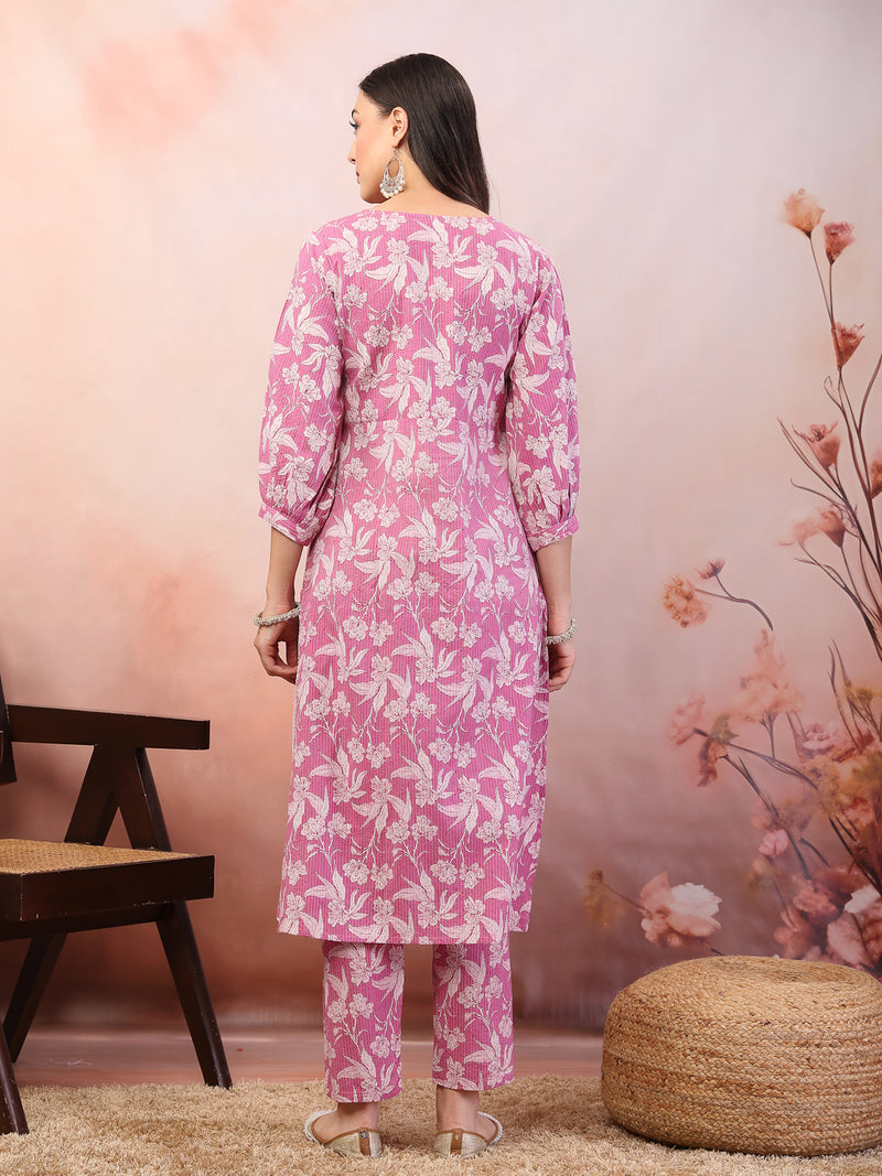 Stylum Women's Purple Floral Printed & Embroidered Katha Cotton Kurta Pant Set (CSPURPLENOISE)