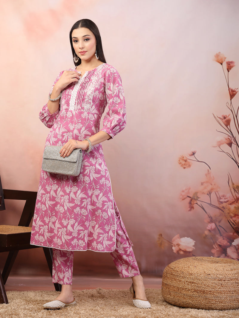 Stylum Women's Purple Floral Printed & Embroidered Katha Cotton Kurta Pant Set (CSPURPLENOISE)