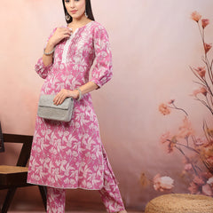 Stylum Women's Purple Floral Printed & Embroidered Katha Cotton Kurta Pant Set (CSPURPLENOISE)