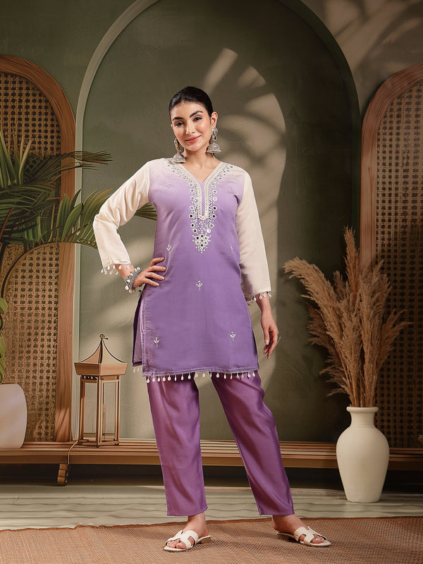 Stylum Women's Purple Solid & Mirror Work Silk Blend Co-Ord Set (CSPURPLEPAZER)