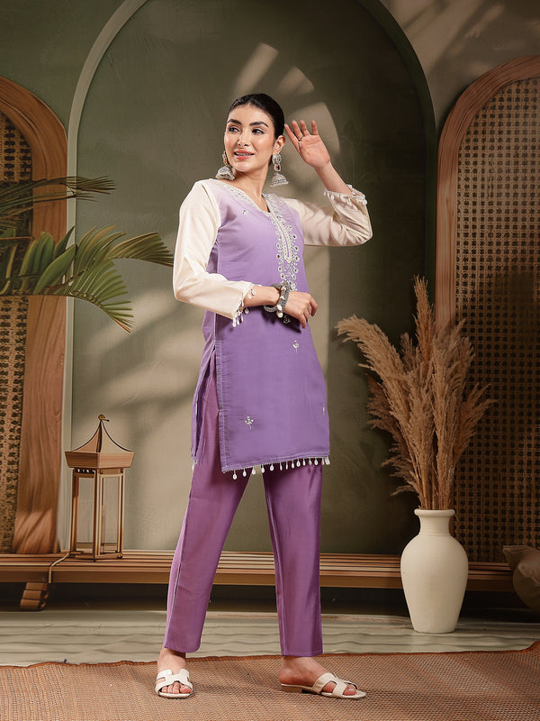 Stylum Women's Purple Solid & Mirror Work Silk Blend Co-Ord Set (CSPURPLEPAZER)