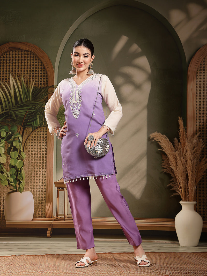 Stylum Women's Purple Solid & Mirror Work Silk Blend Co-Ord Set (CSPURPLEPAZER)
