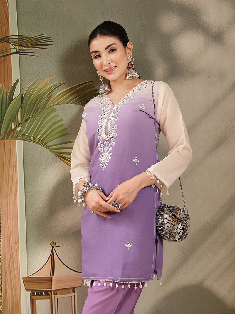 Stylum Women's Purple Solid & Mirror Work Silk Blend Co-Ord Set (CSPURPLEPAZER)