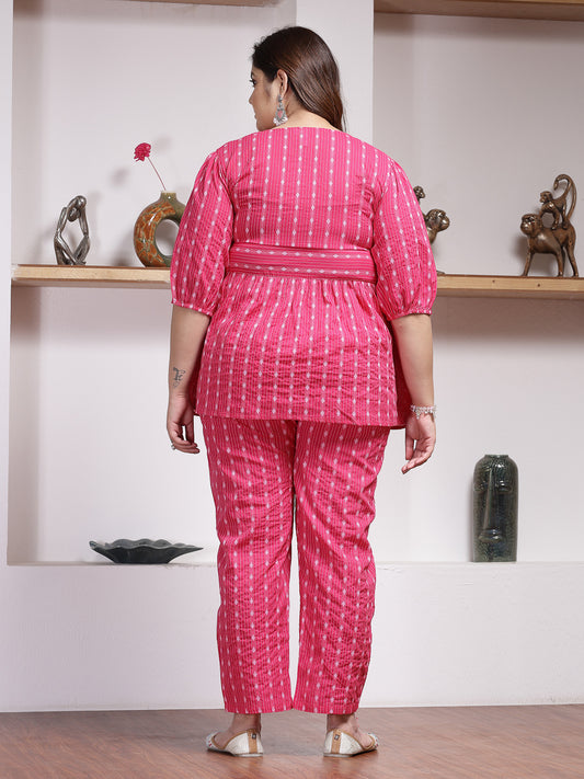 Plus Size Women's Woven Design Cotton Co-Ord Set (CSRAMYAPINKPLUS)