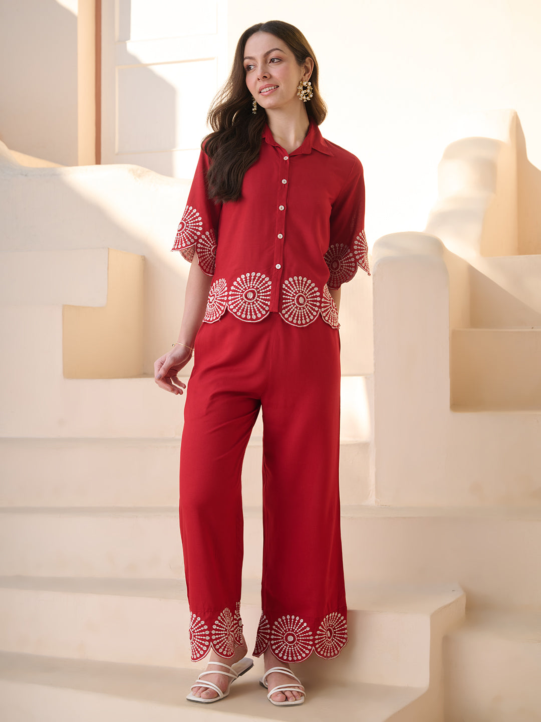 Stylum Women's Red Solid & Embroidered Cotton Blend Co-ord Set (CSREDGLOW)