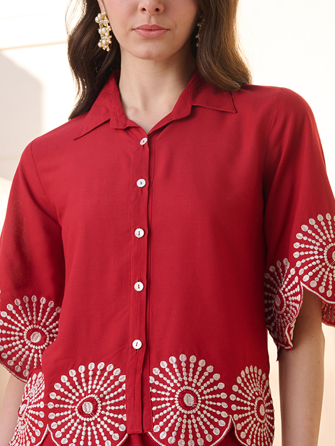 Stylum Women's Red Solid & Embroidered Cotton Blend Co-ord Set (CSREDGLOW)