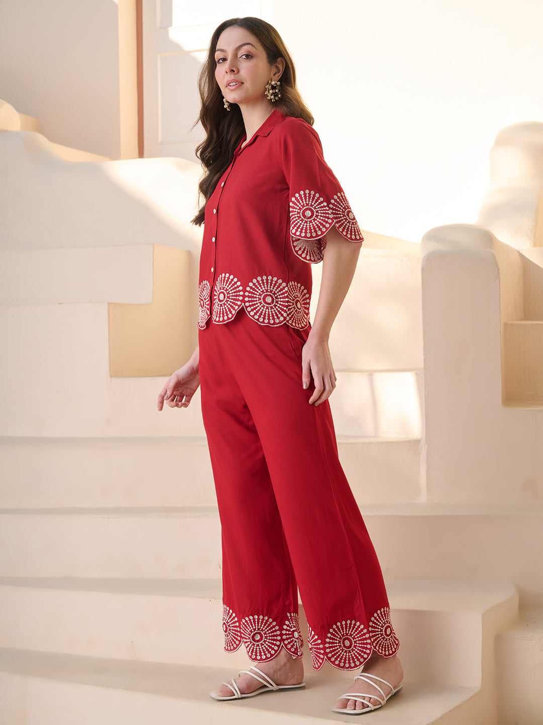 Stylum Women's Red Solid & Embroidered Cotton Blend Co-ord Set (CSREDGLOW)
