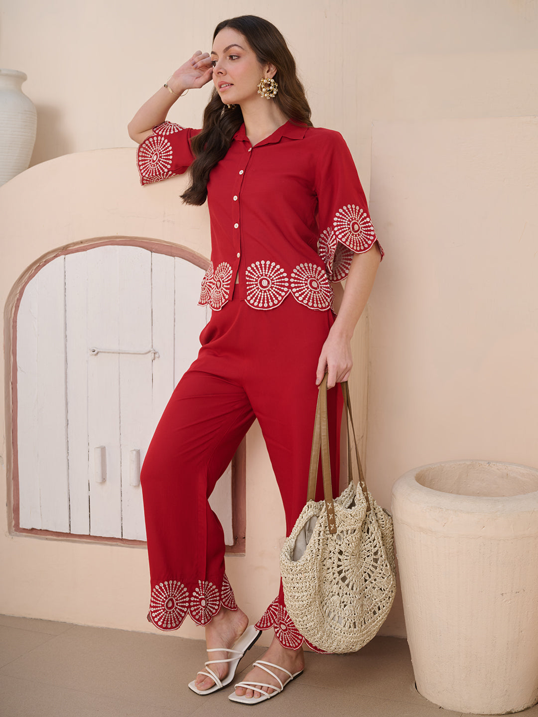 Stylum Women's Red Solid & Embroidered Cotton Blend Co-ord Set (CSREDGLOW)